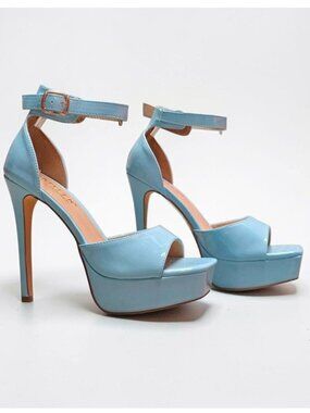 Sky Blue High Heel Platform Sandals With Ankle Strap Buckle Closure For Women
